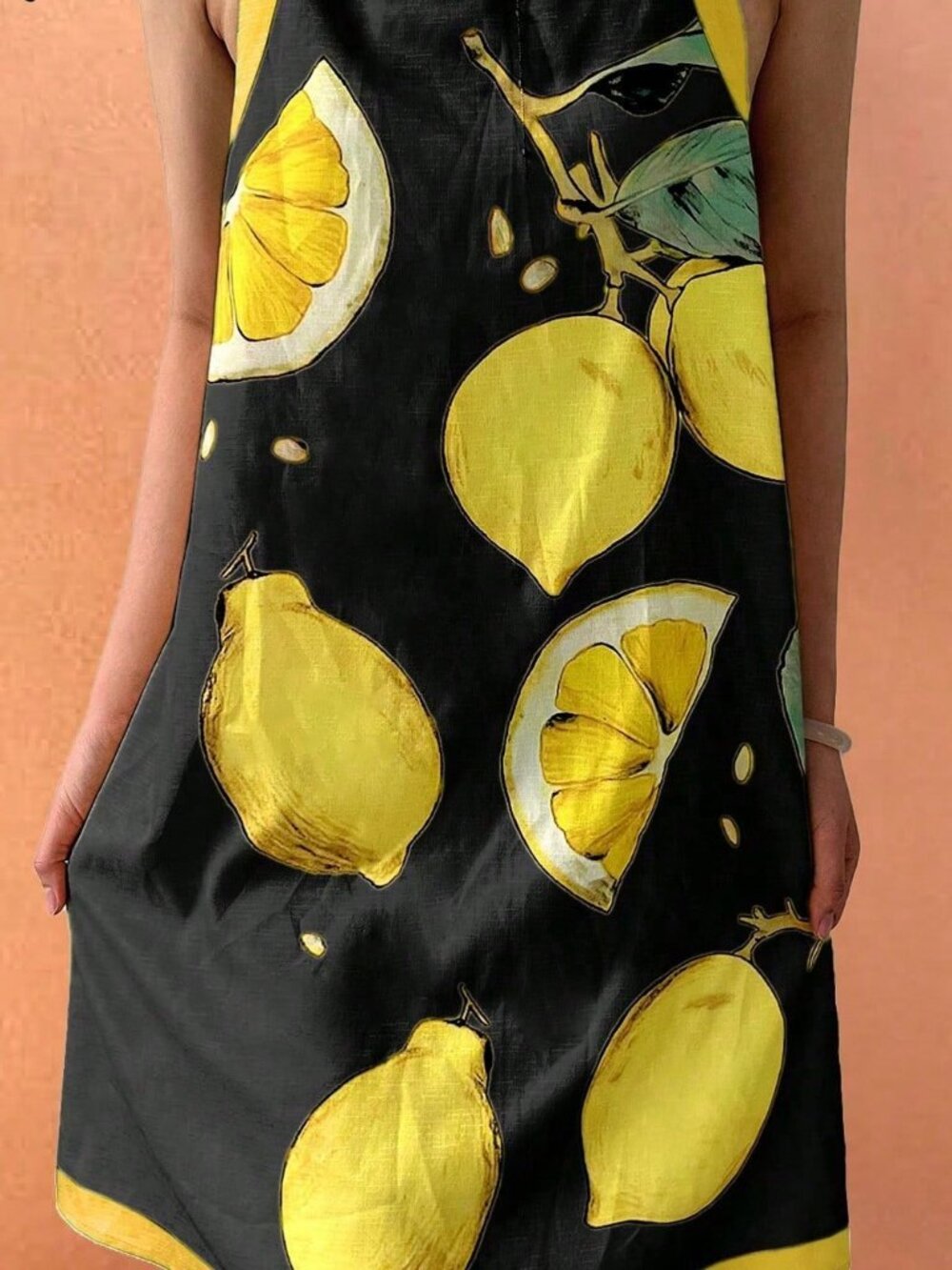 Black Vintage Women's Elegant Sleeveless Dress Beach Colorblock Lemon Leaf Print - Picture 4 of 5